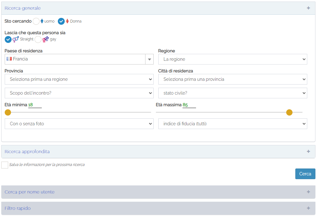Scegli i criteri del profilo che desideri trovare nella tua ricerca